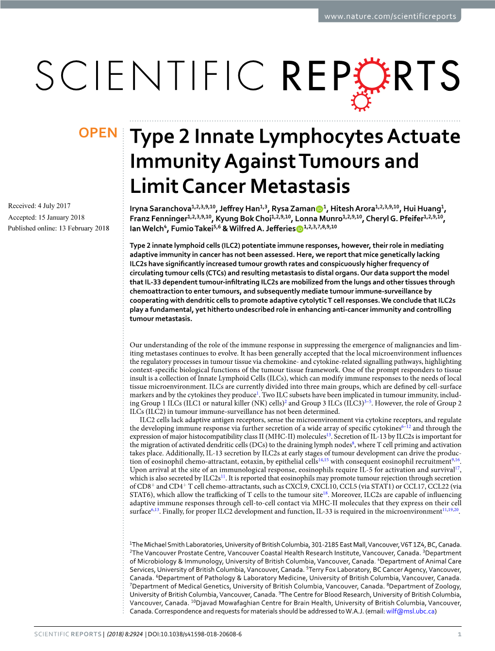 Type 2 Innate Lymphocytes Actuate Immunity Against Tumours And