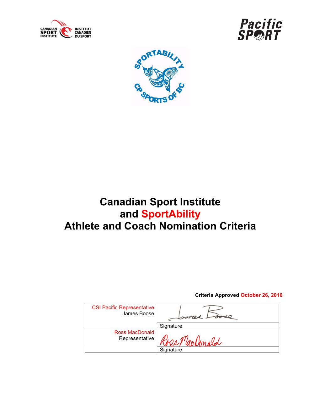 Canadian Sport Institute and Sportability Athlete and Coach Nomination Criteria