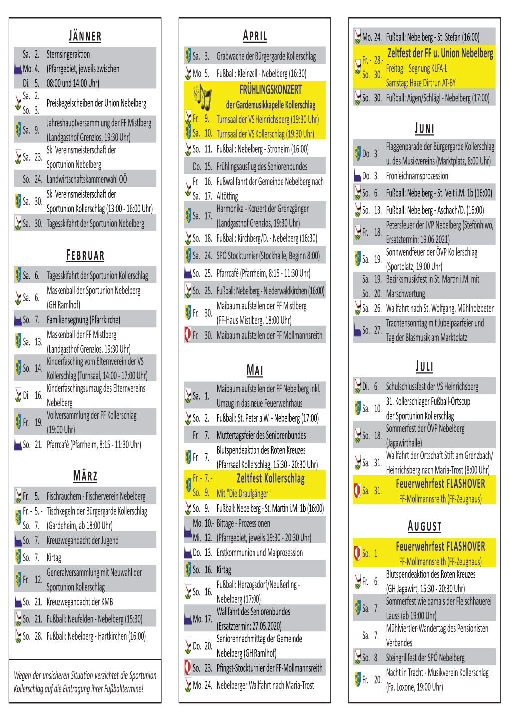 Veranstaltungskalender Kollerschlag 2021