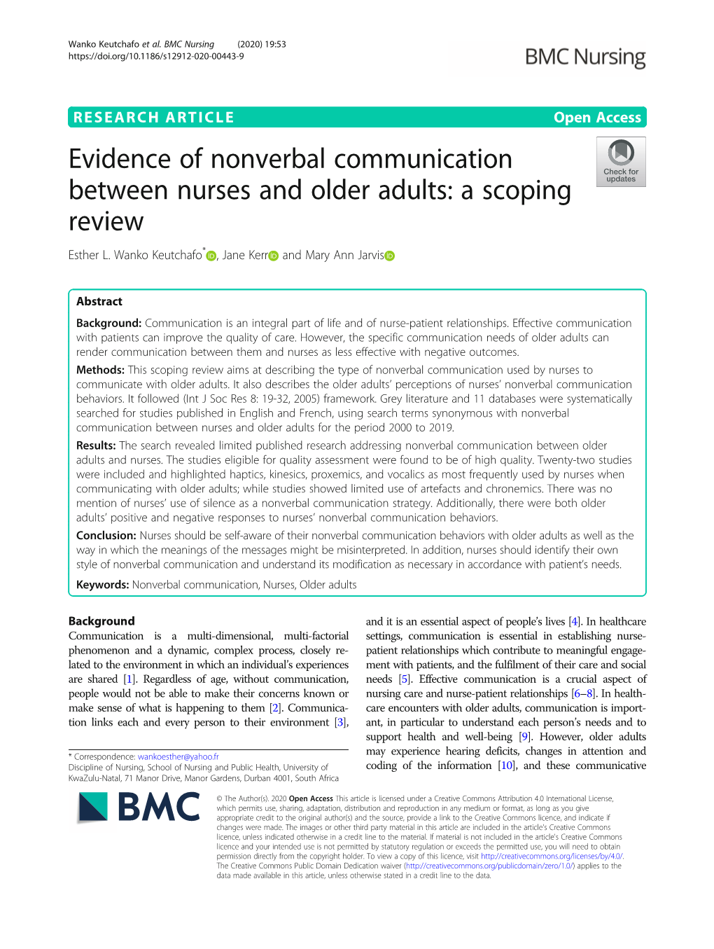 Evidence of Nonverbal Communication Between Nurses and Older Adults: a Scoping Review Esther L