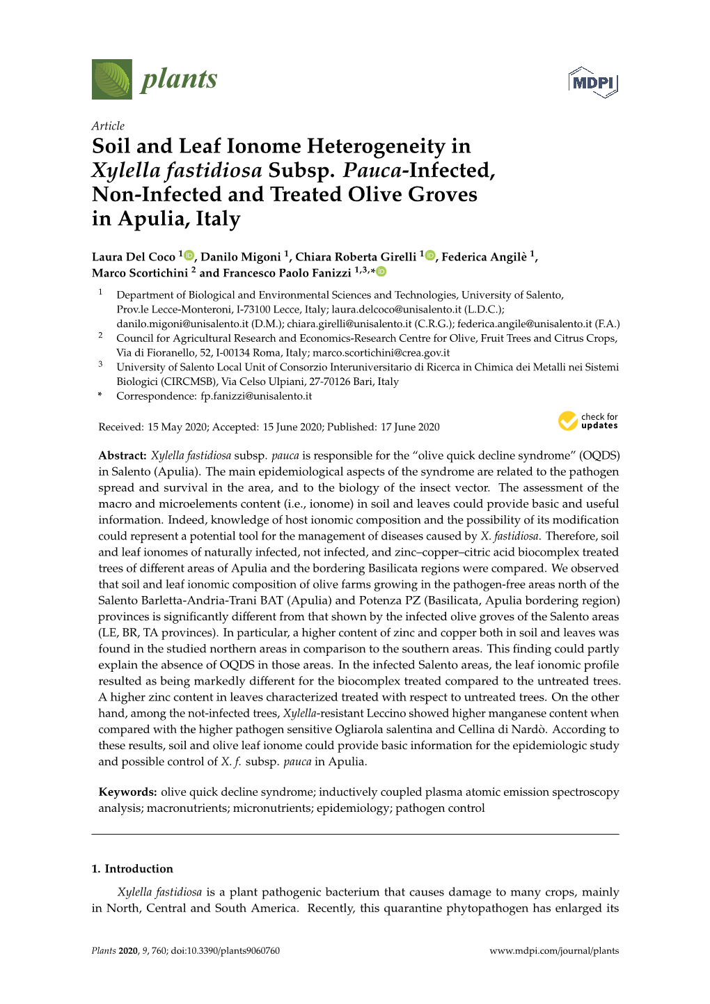 Soil and Leaf Ionome Heterogeneity in Xylella Fastidiosa Subsp. Pauca-Infected, Non-Infected and Treated Olive Groves in Apulia, Italy