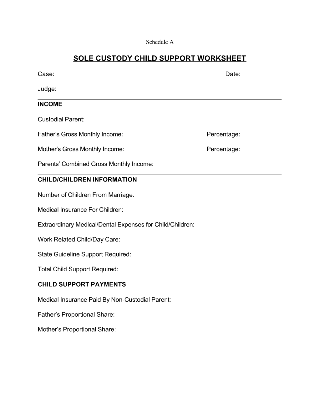Sole Custody Child Support Worksheet
