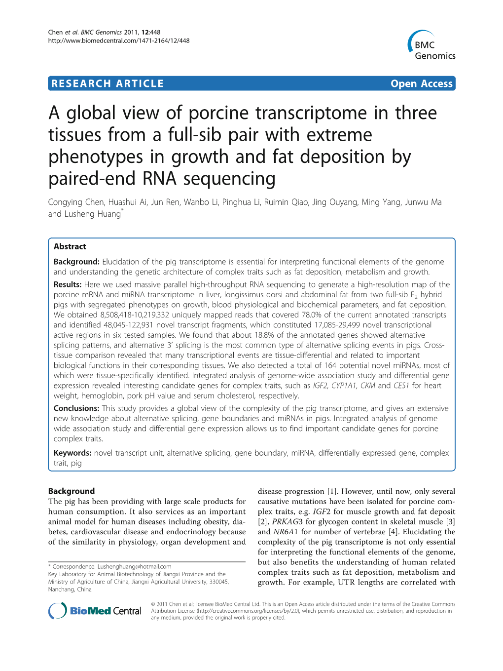 A Global View of Porcine Transcriptome in Three Tissues from a Full-Sib Pair