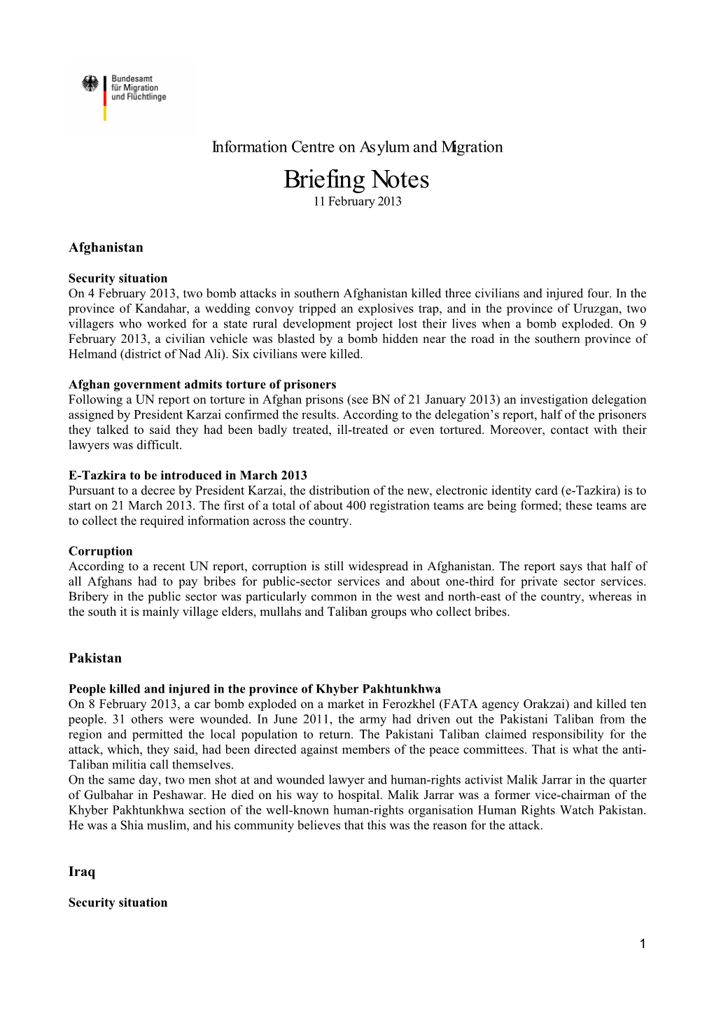 Briefing Notes 11 February 2013