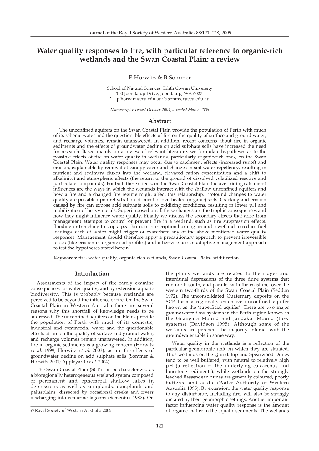 Water Quality Responses to Fire, with Particular Reference to Organic-Rich Wetlands and the Swan Coastal Plain: a Review