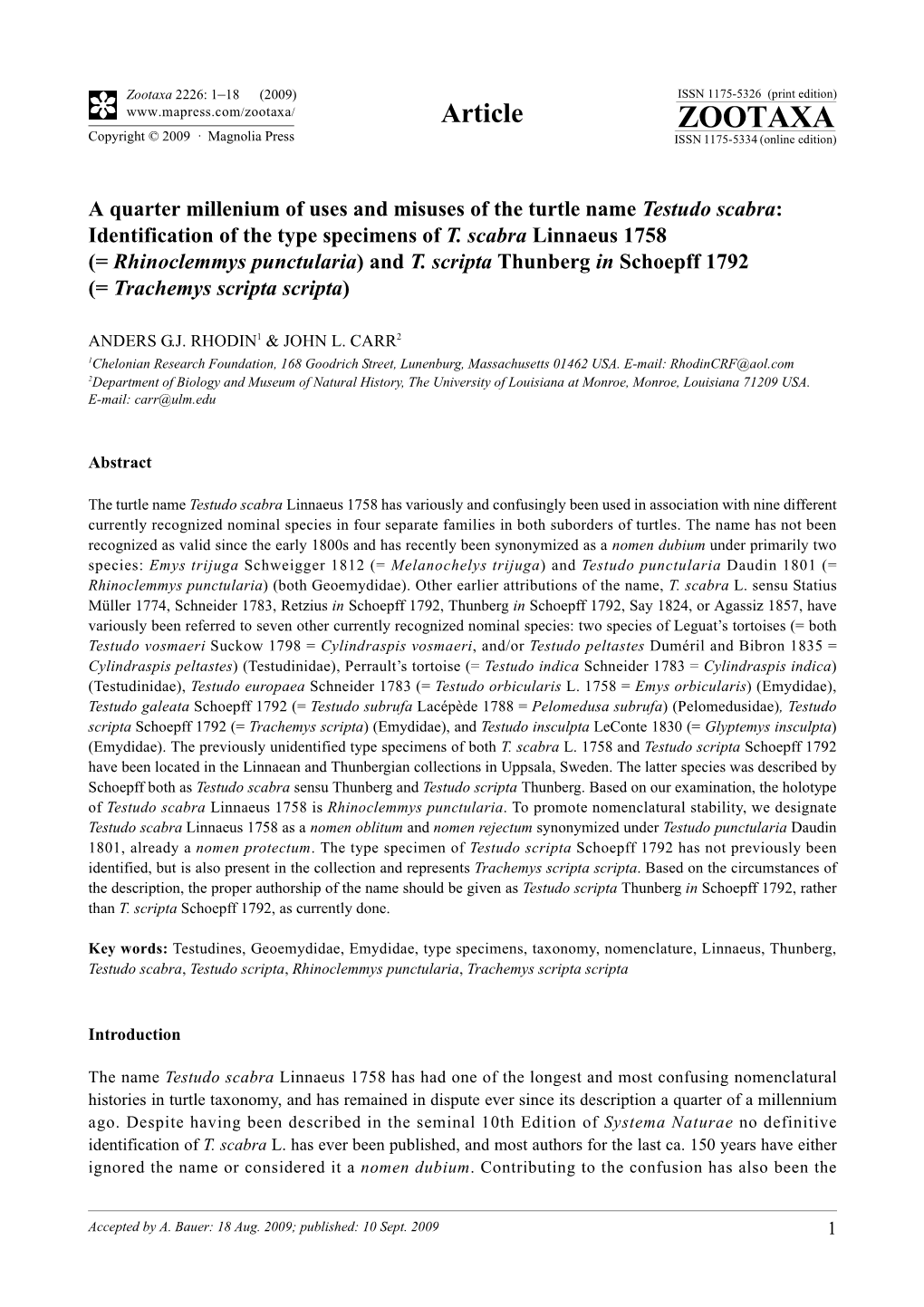 Zootaxa 2226: 1–18 (2009) ISSN 1175-5326 (Print Edition) Article ZOOTAXA Copyright © 2009 · Magnolia Press ISSN 1175-5334 (Online Edition)