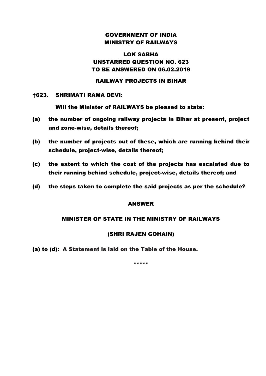 Government of India Ministry of Railways Lok Sabha