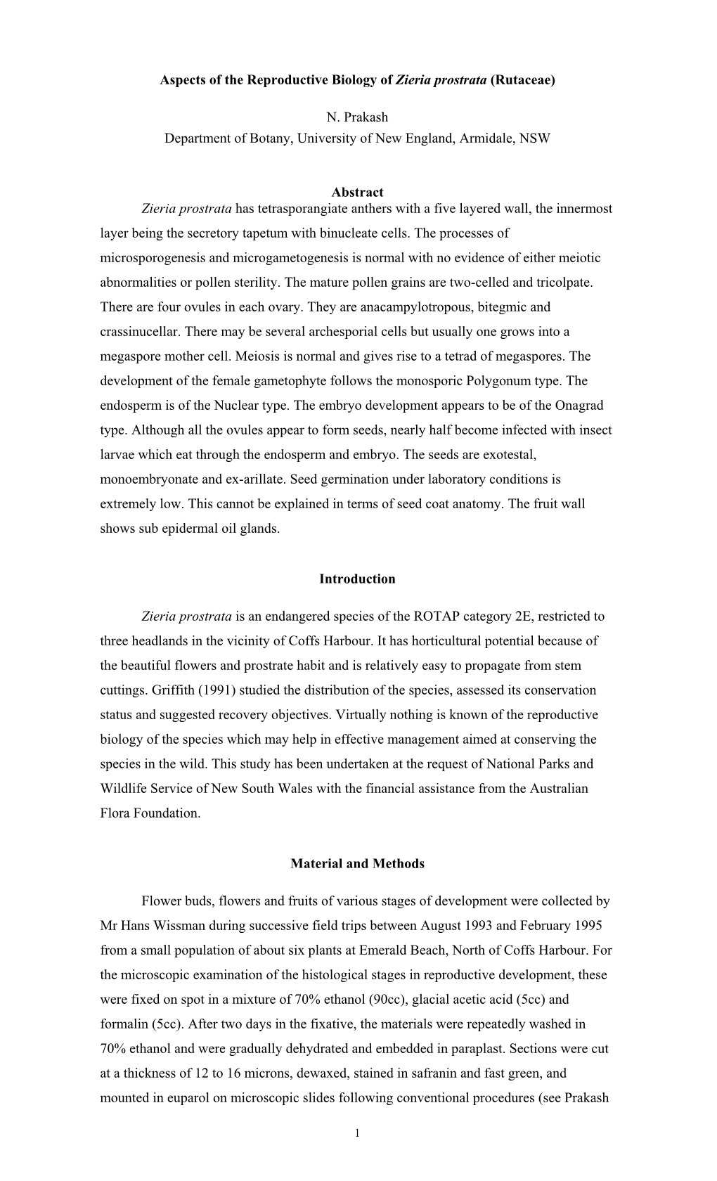 Aspects of the Reproductive Biology of Zieria Prostrata (Rutaceae)