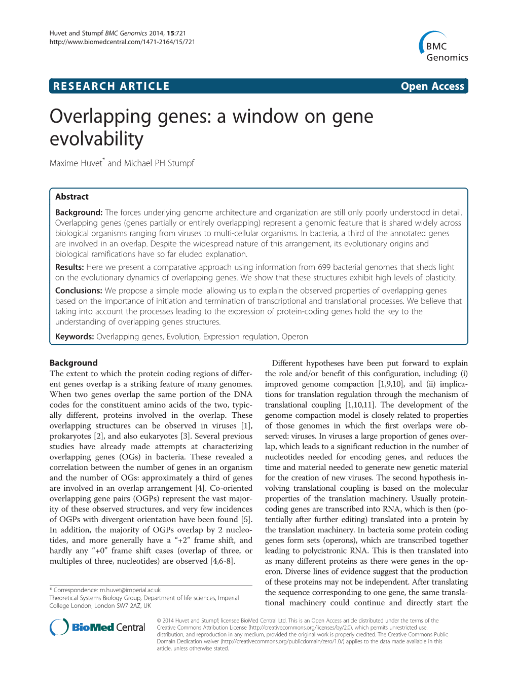 Overlapping Genes: a Window on Gene Evolvability Maxime Huvet* and Michael PH Stumpf