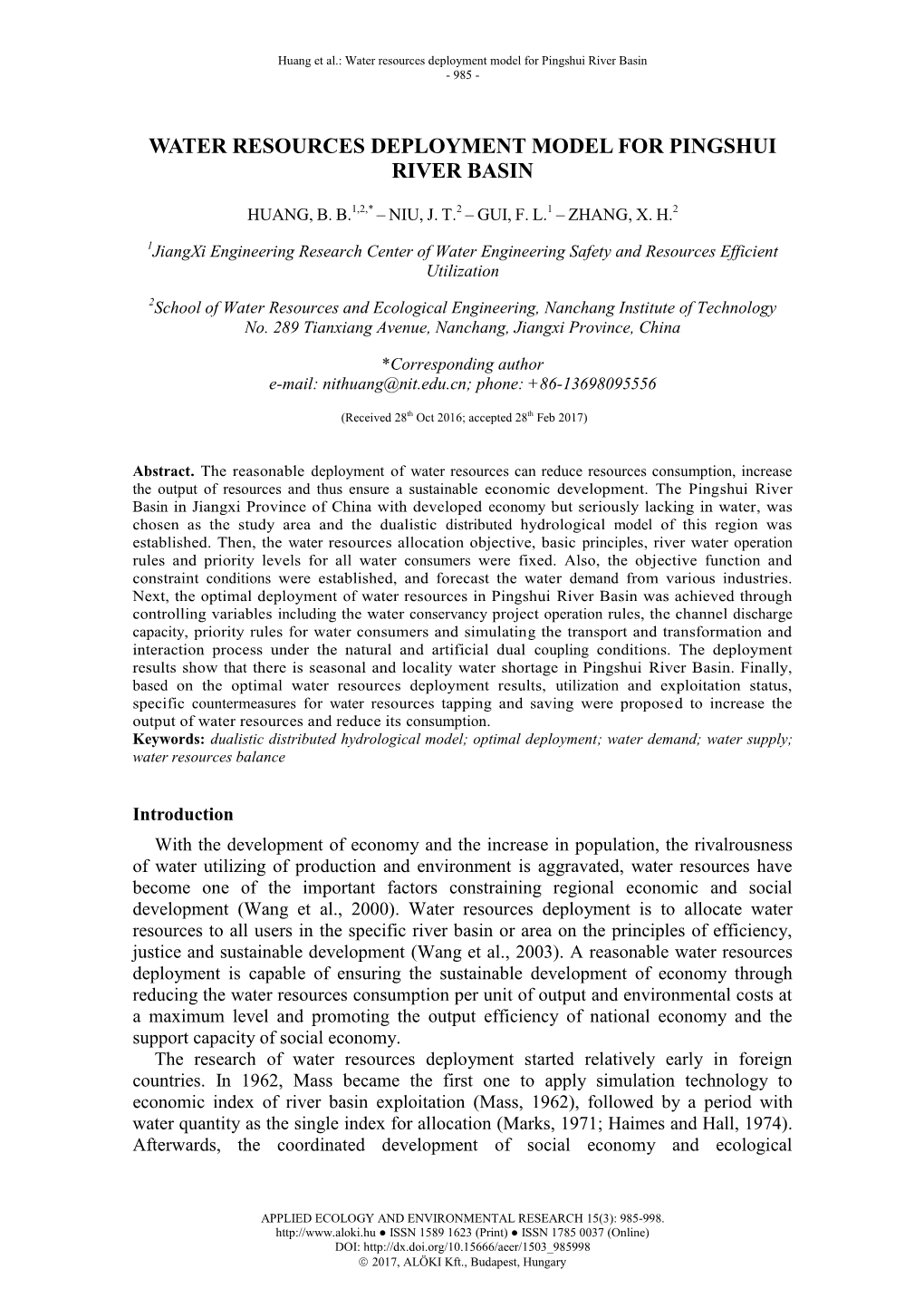 Water Resources Deployment Model for Pingshui River Basin - 985