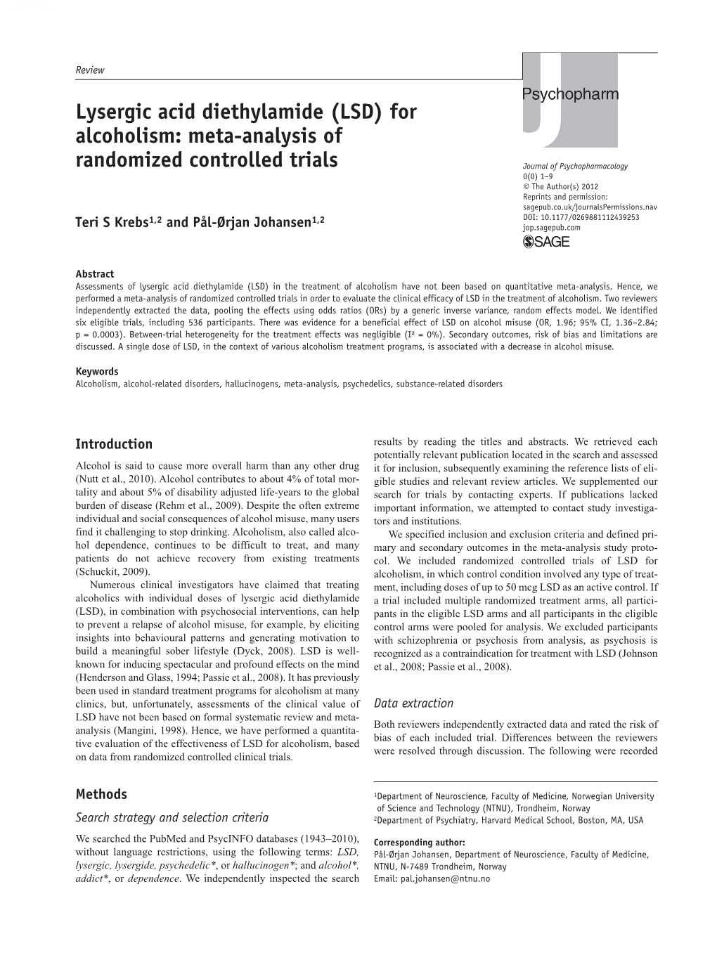 (LSD) for Alcoholism: Meta-Analysis of Randomized Controlled Trials