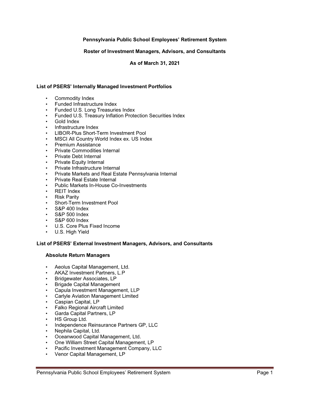 A Listing of PSERS' Investment Managers, Advisors, and Partnerships