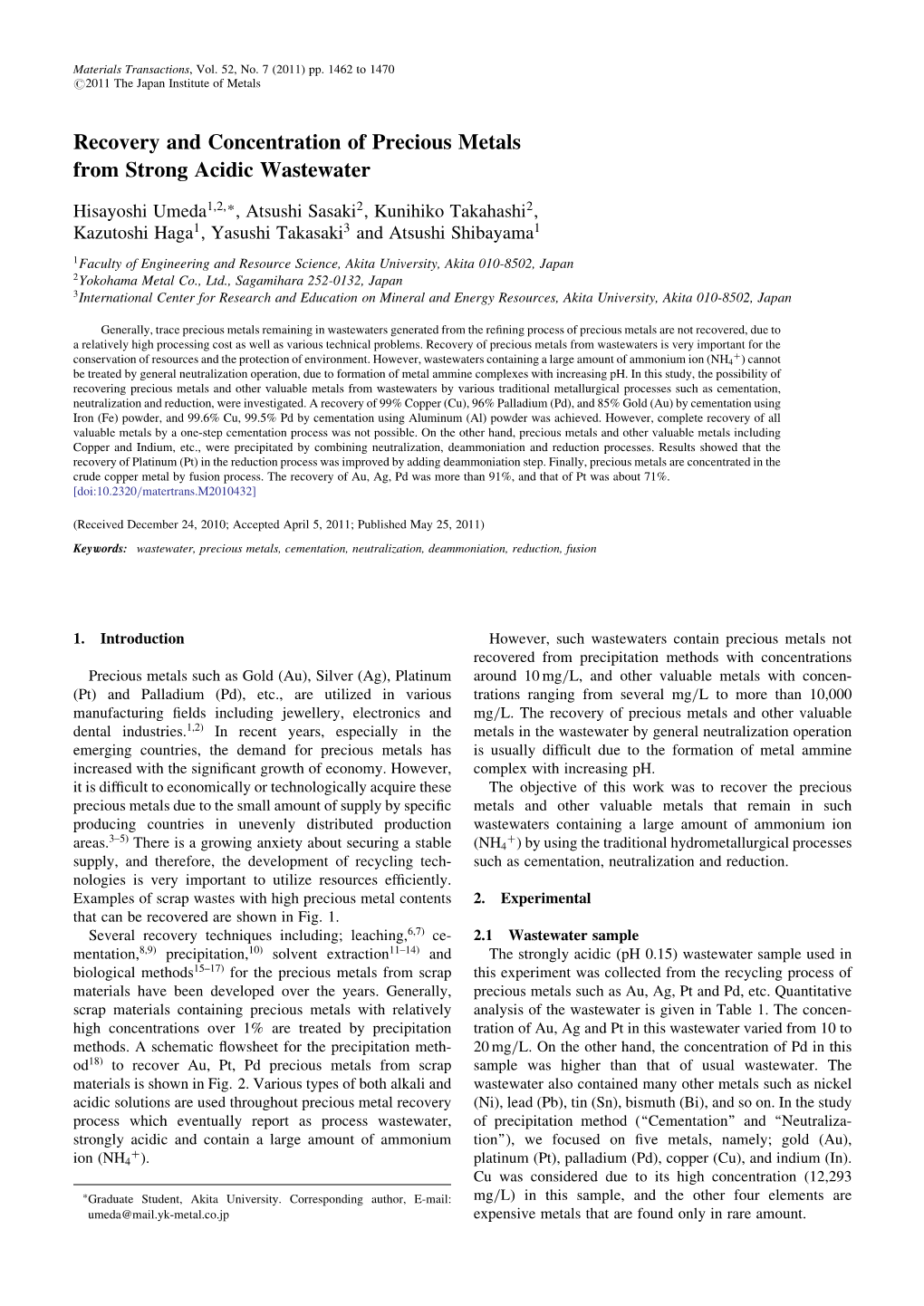 Recovery and Concentration of Precious Metals from Strong Acidic Wastewater