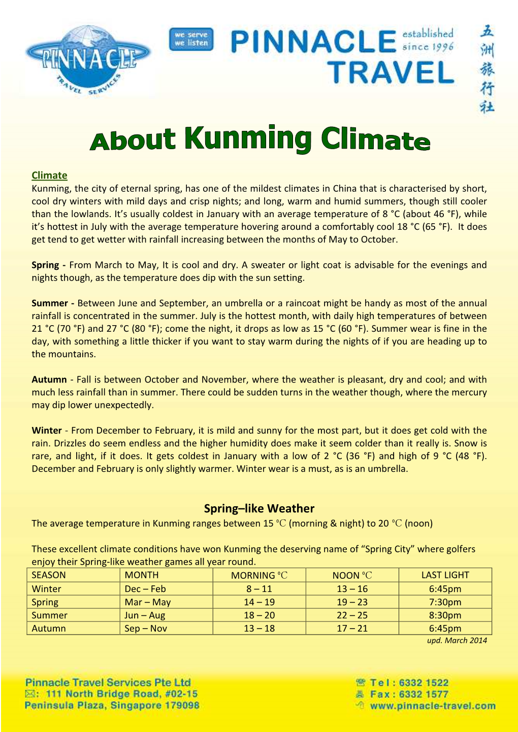 Spring–Like Weather the Average Temperature in Kunming Ranges Between 15 ºC (Morning & Night) to 20 ºC (Noon)