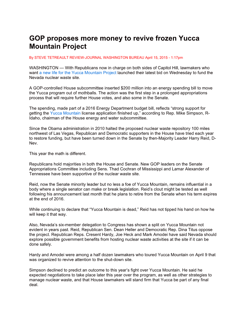 GOP Proposes More Money to Revive Frozen Yucca Mountain Project