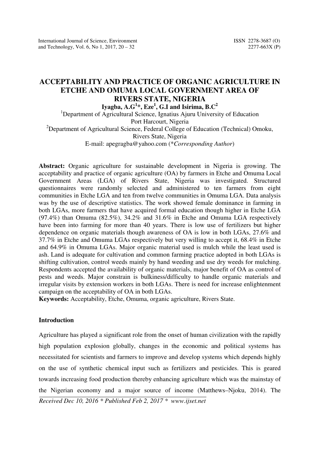 Acceptability and Practice of Organic Agriculture in Etche and Omuma