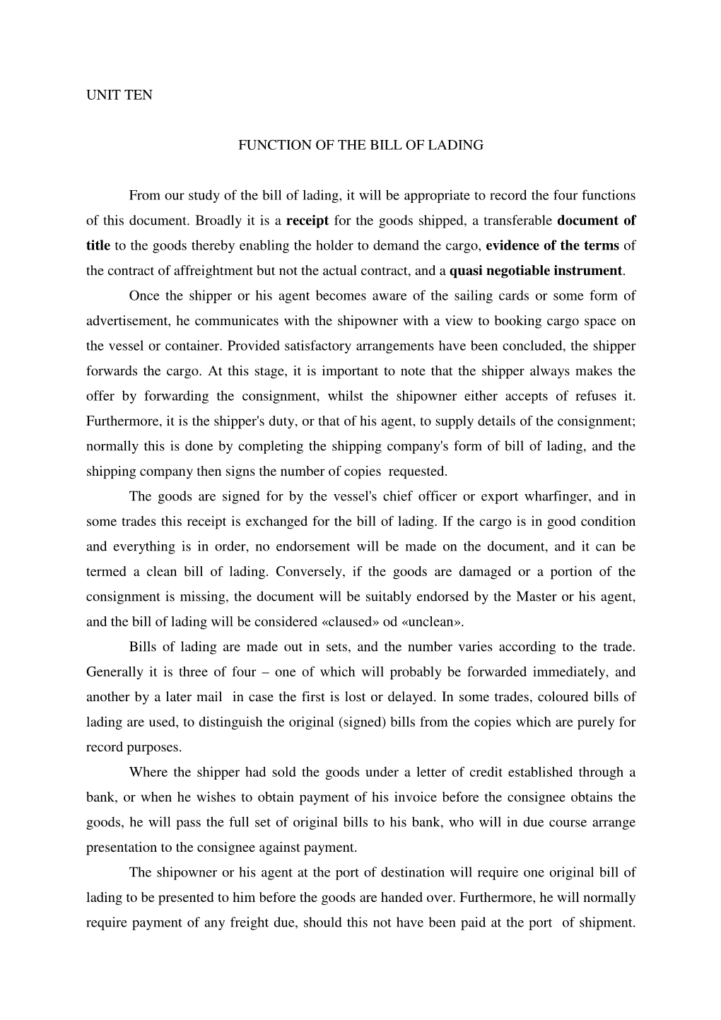 UNIT TEN FUNCTION of the BILL of LADING from Our Study of The