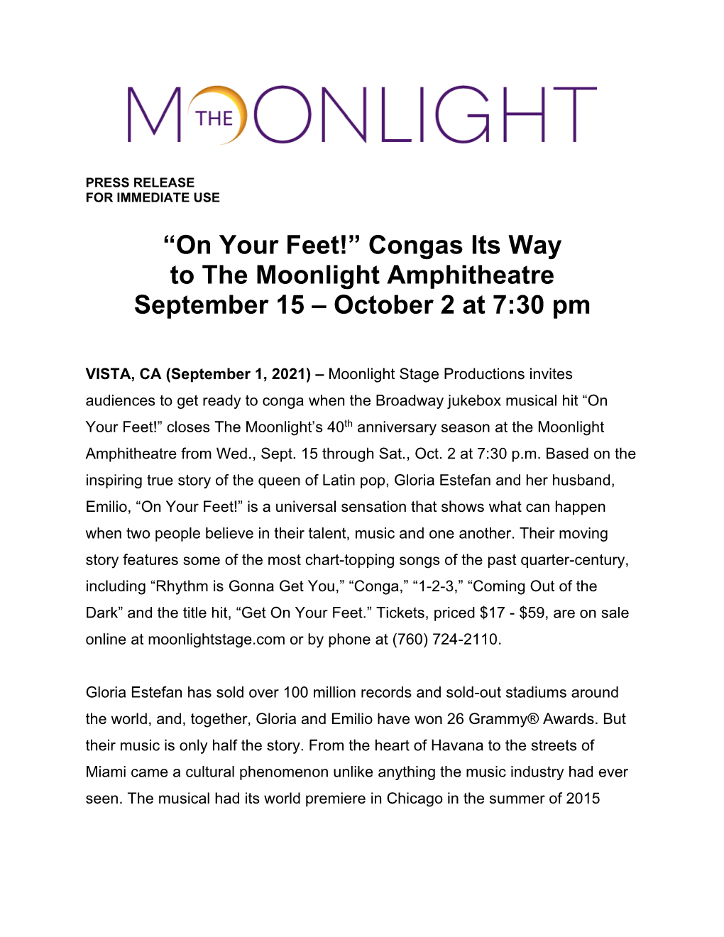 “On Your Feet!” Congas Its Way to the Moonlight Amphitheatre September 15 – October 2 at 7:30 Pm