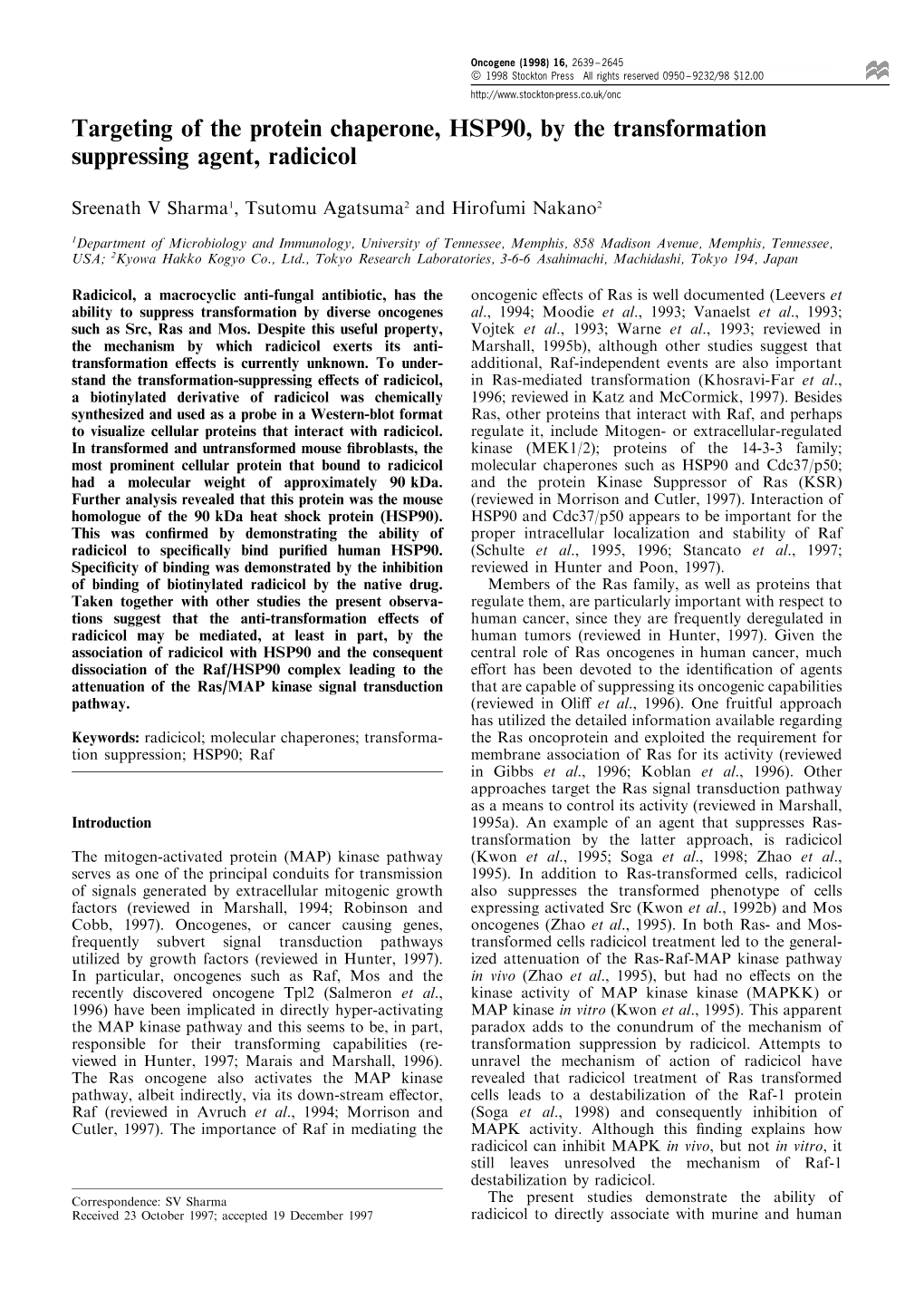 Targeting of the Protein Chaperone, HSP90, by the Transformation Suppressing Agent, Radicicol