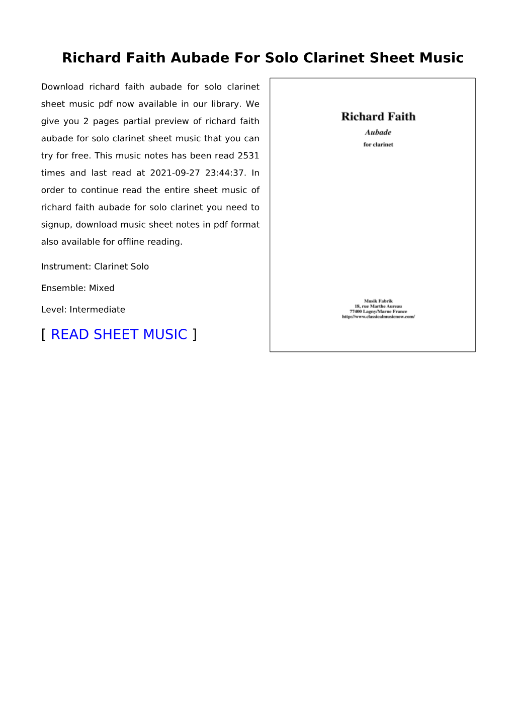 Richard Faith Aubade for Solo Clarinet Sheet Music