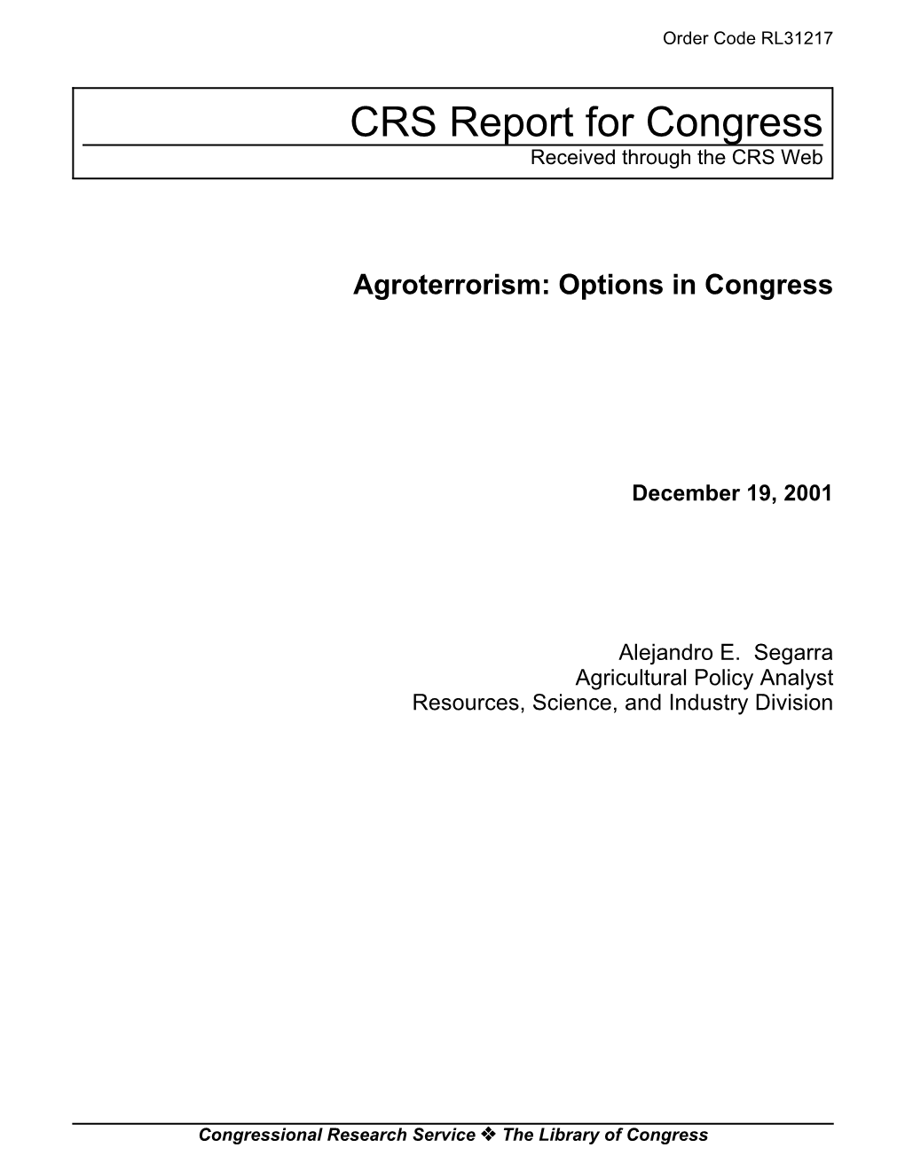Agroterrorism: Options in Congress