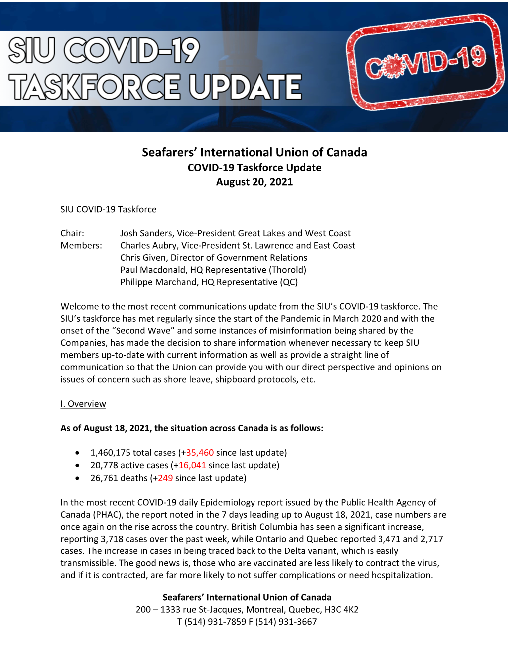 SIU COVID Taskforce Update – August 20, 2021