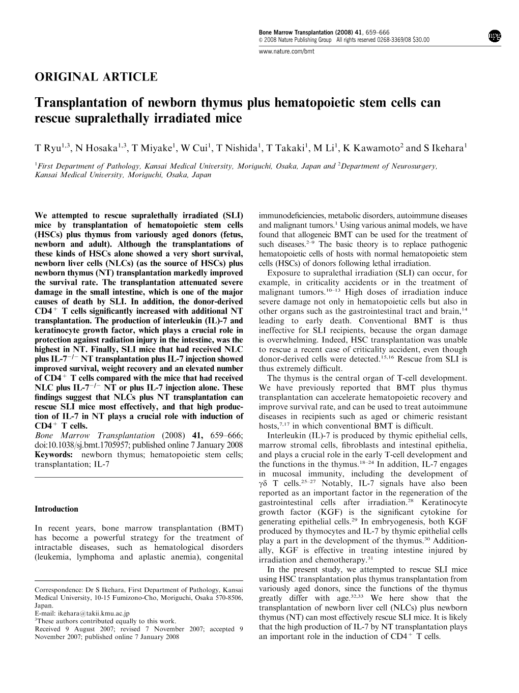 Transplantation of Newborn Thymus Plus Hematopoietic Stem Cells Can Rescue Supralethally Irradiated Mice