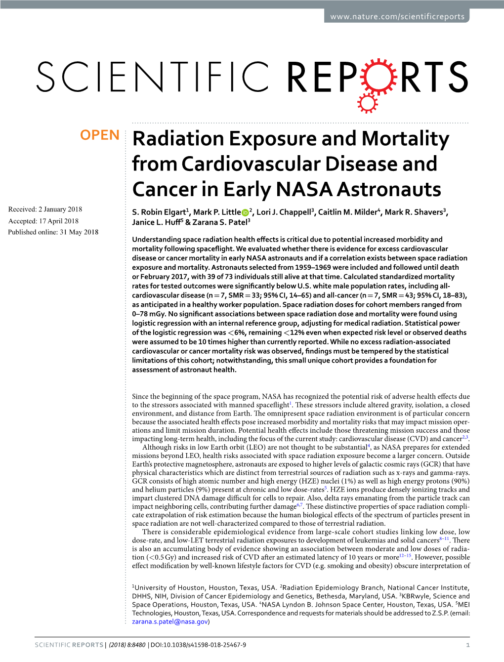 Radiation Exposure and Mortality from Cardiovascular Disease and Cancer in Early NASA Astronauts Received: 2 January 2018 S