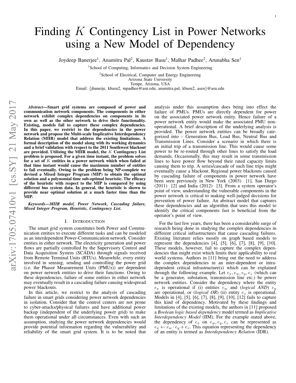 Finding K Contingency List in Power Networks Using a New Model of Dependency