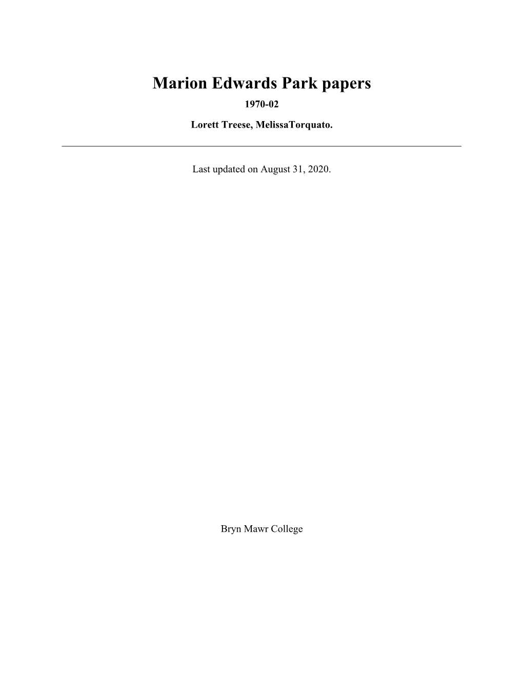 Marion Edwards Park Papers 1970-02 Lorett Treese, Melissatorquato