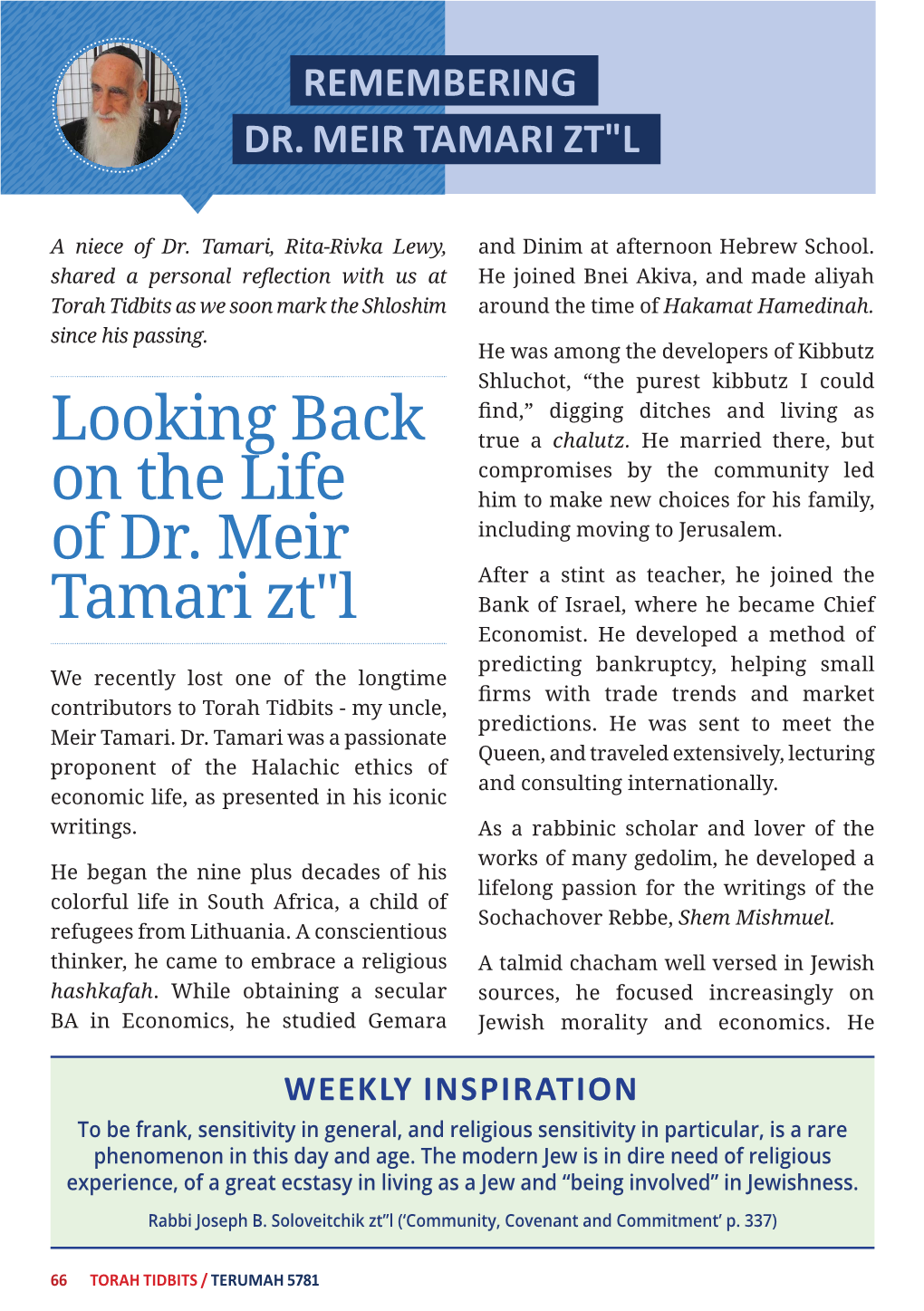 Looking Back on the Life of Dr. Meir Tamari Zt"L