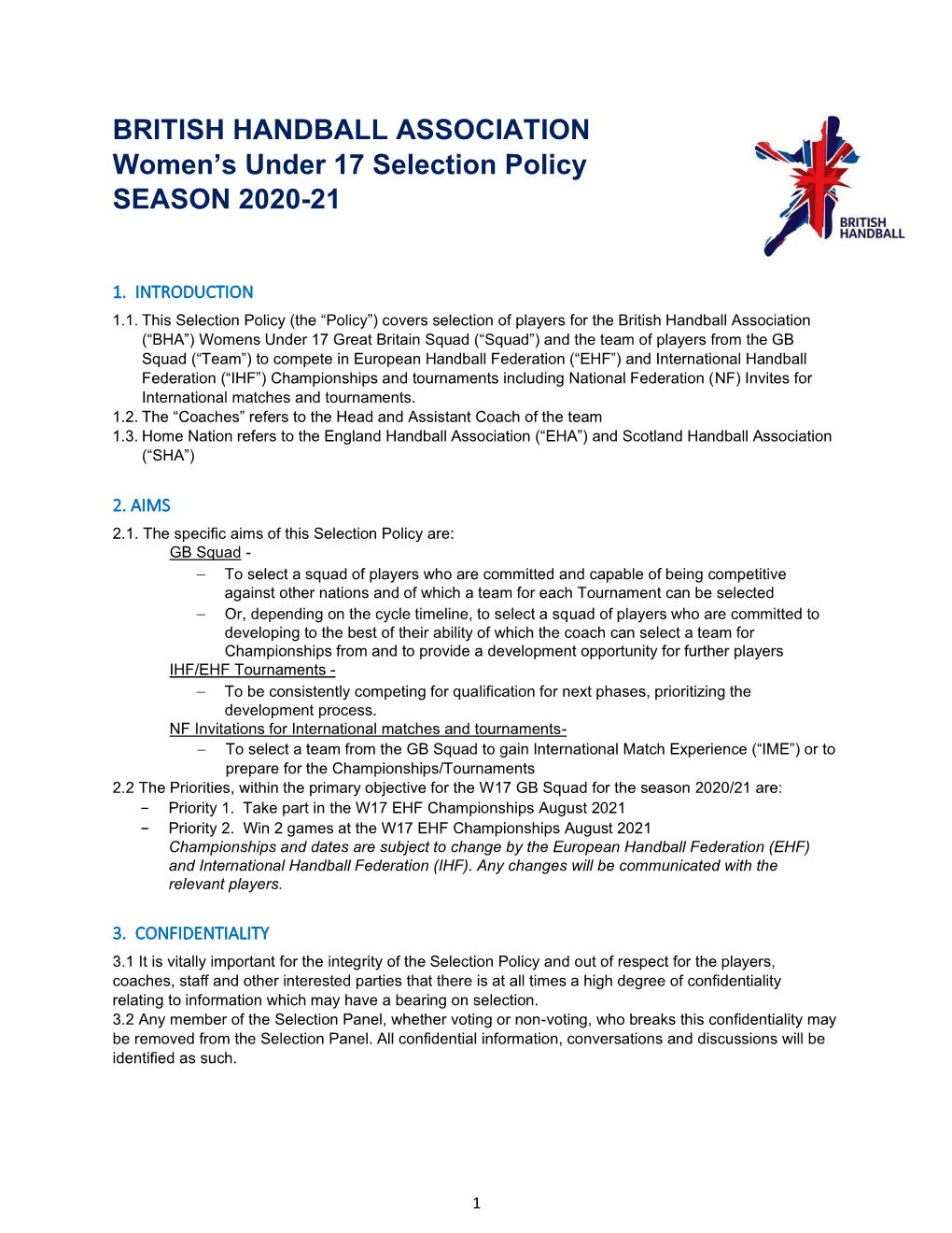 BRITISH HANDBALL ASSOCIATION Women's Under 17 Selection Policy