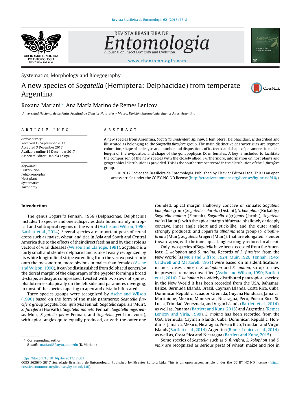 A New Species of Sogatella (Hemiptera: Delphacidae) from Temperate Argentina