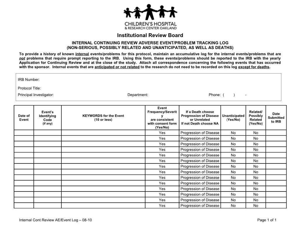 Adverse Event Tracking Log