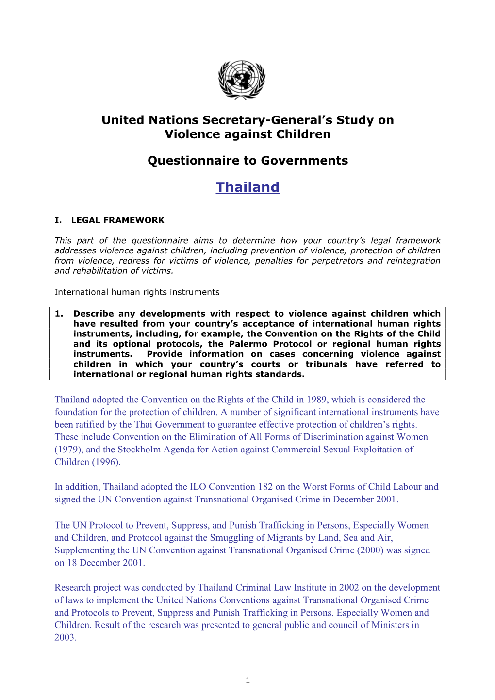 United Nations Secretary-General's Study on Violence Against Children Questionnaire to Governments