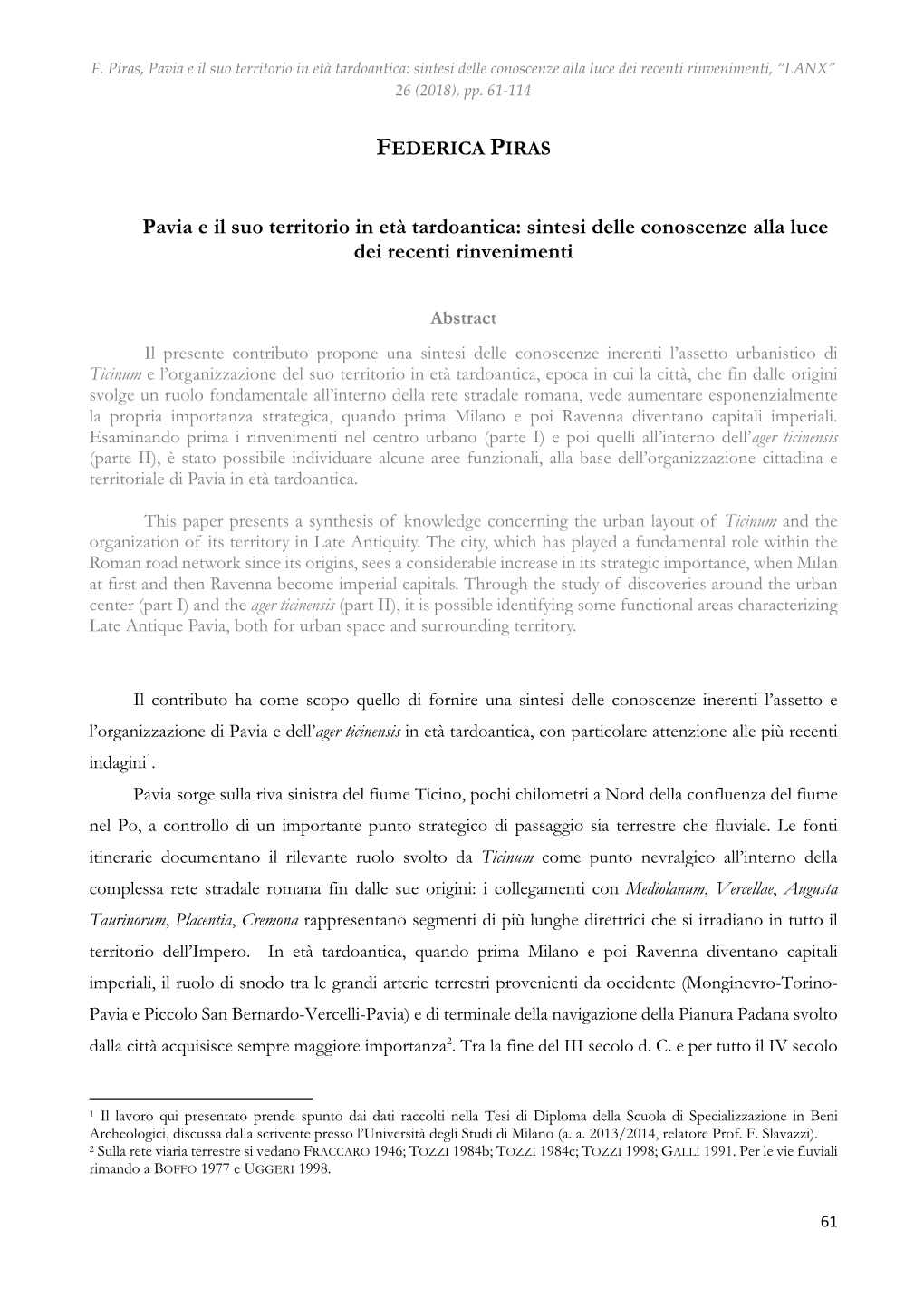 Pavia E Il Suo Territorio in Età Tardoantica: Sintesi Delle Conoscenze Alla Luce Dei Recenti Rinvenimenti, “LANX” 26 (2018), Pp