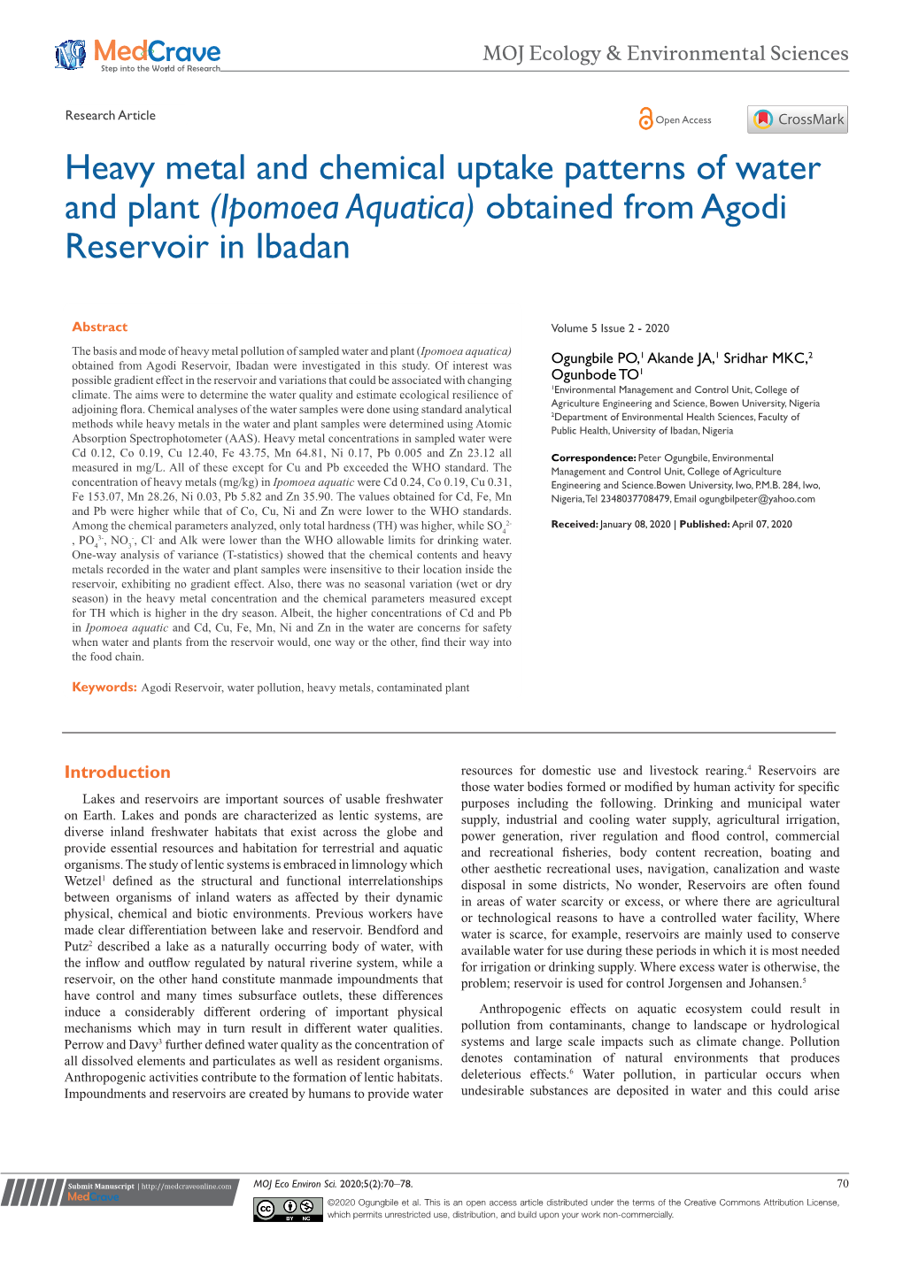 Heavy Metal and Chemical Uptake Patterns of Water and Plant (Ipomoea Aquatica) Obtained from Agodi Reservoir in Ibadan