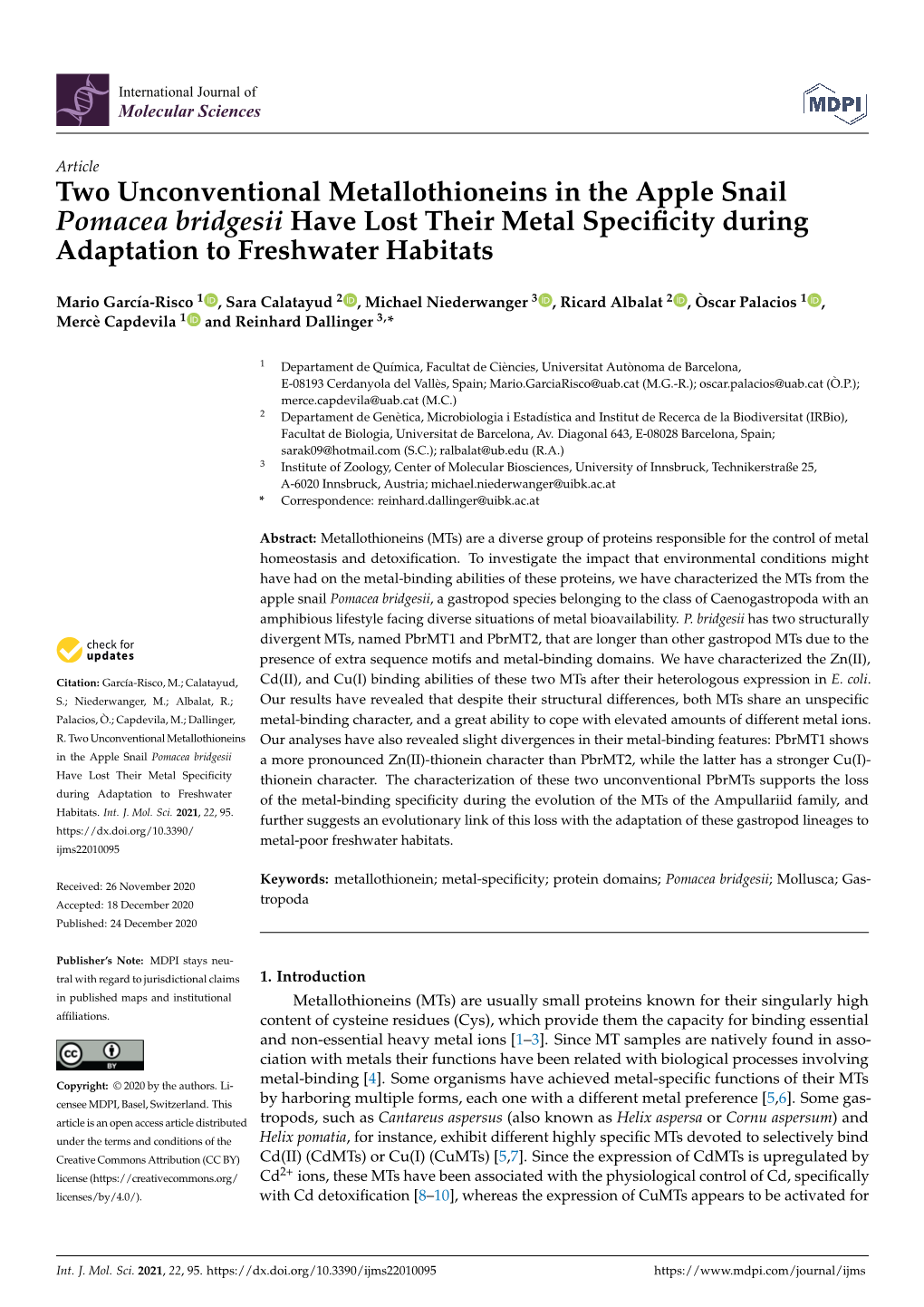 Two Unconventional Metallothioneins in the Apple Snail Pomacea Bridgesii Have Lost Their Metal Speciﬁcity During Adaptation to Freshwater Habitats