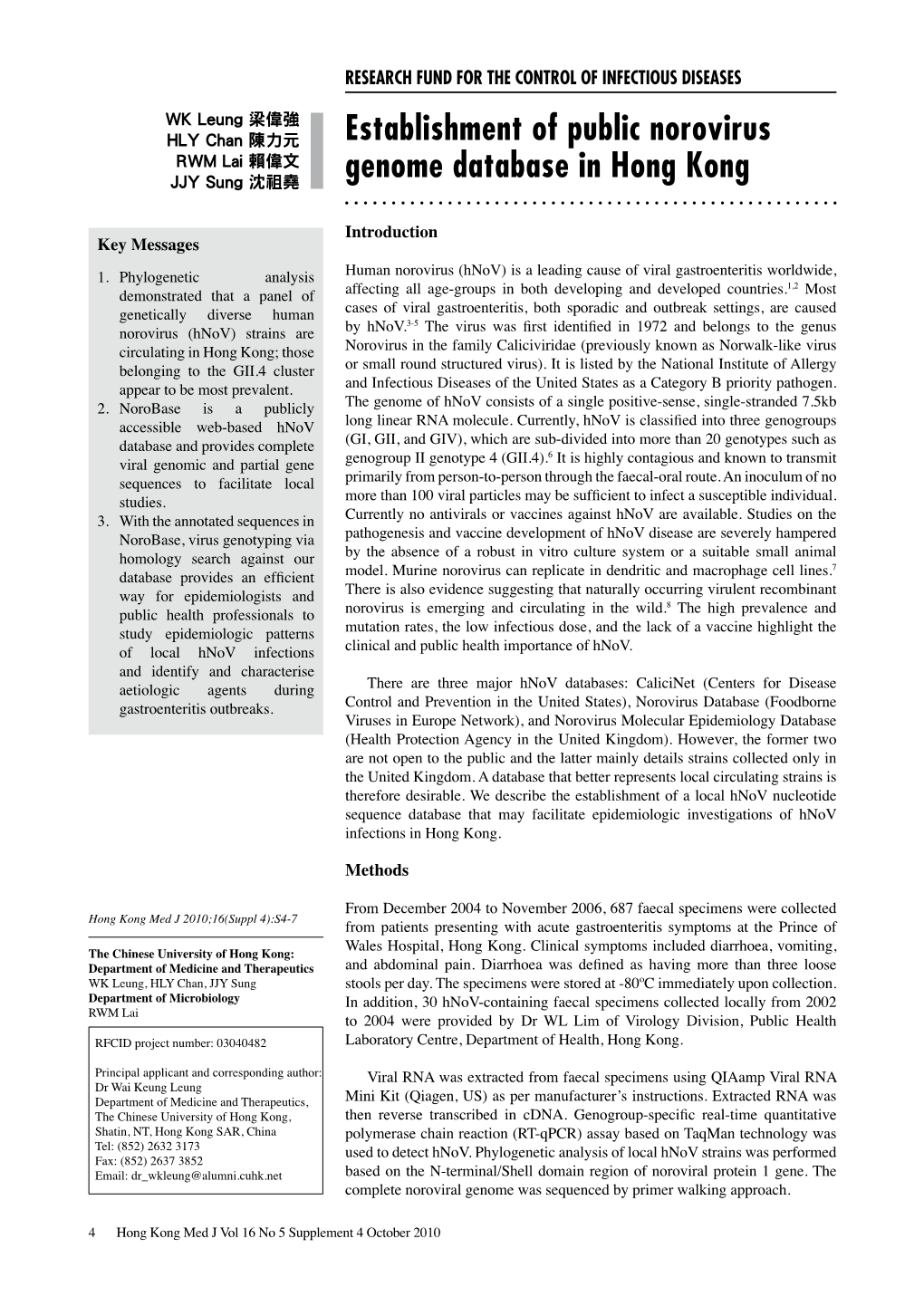 Establishment of Public Norovirus Genome Database in Hong Kong