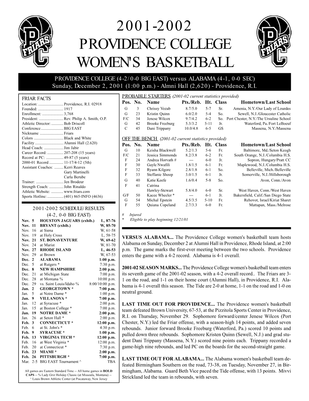 2001-2002 Providence College Women's Basketball