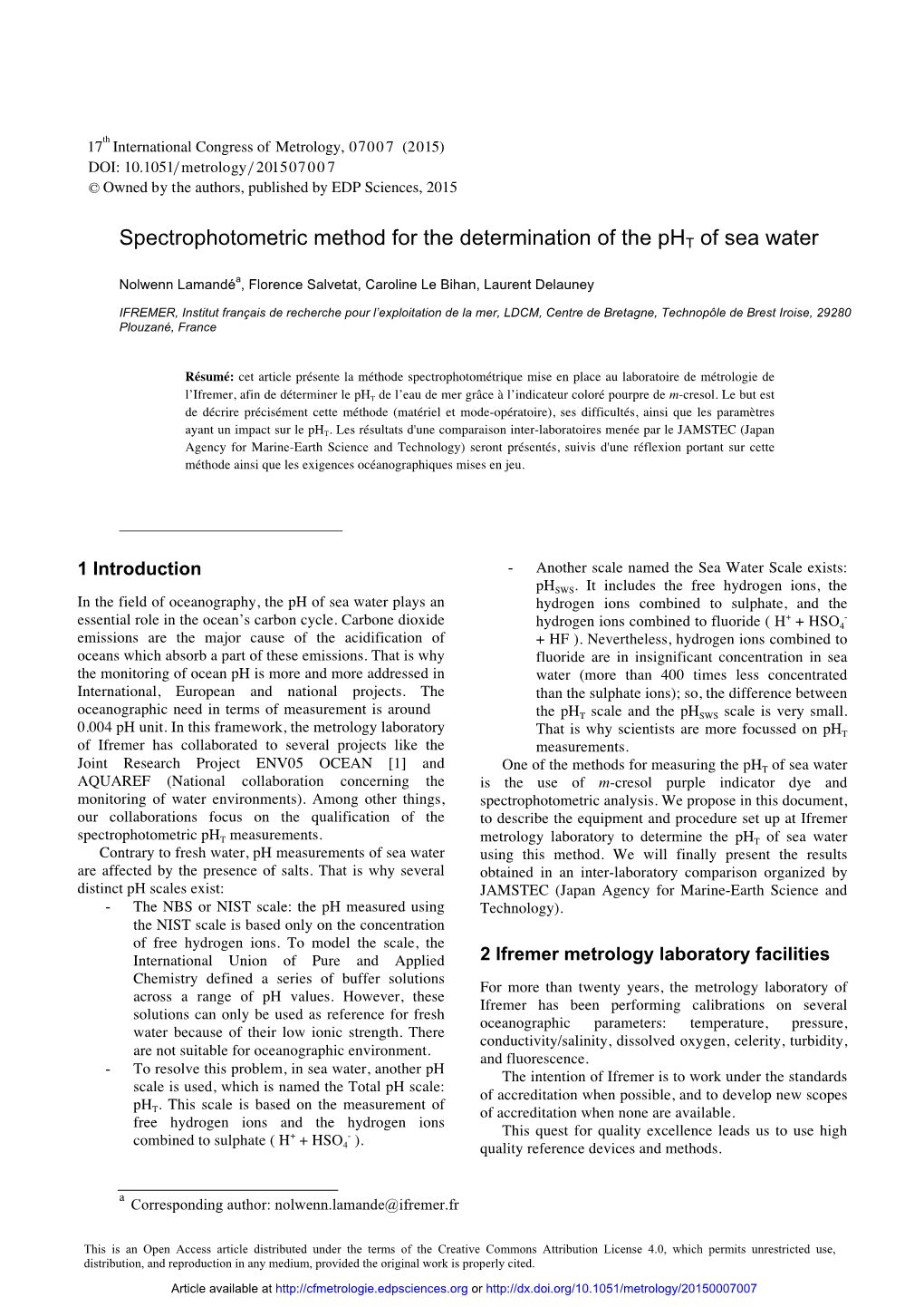 Spectrophotometric Method for the Determination of the Pht of Sea Water