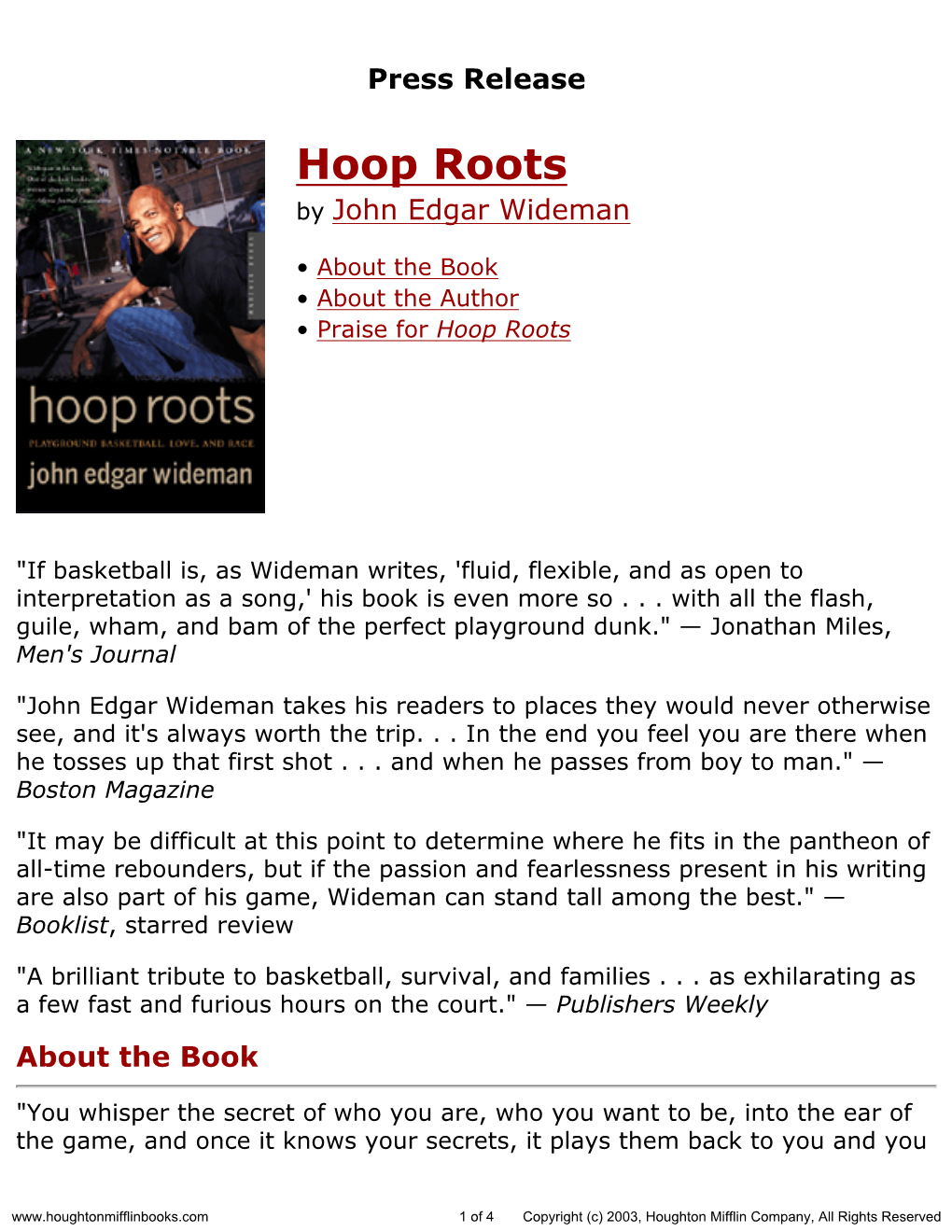 Press Release for Hoop Roots Published by Houghton Mifflin