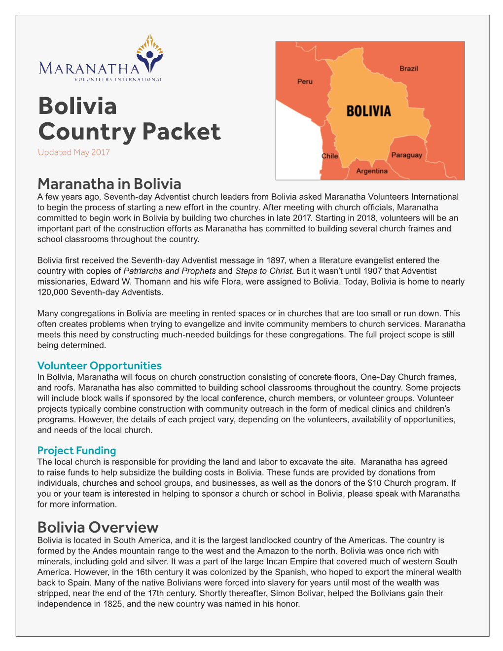Bolivia Country Packet Updated May 2017