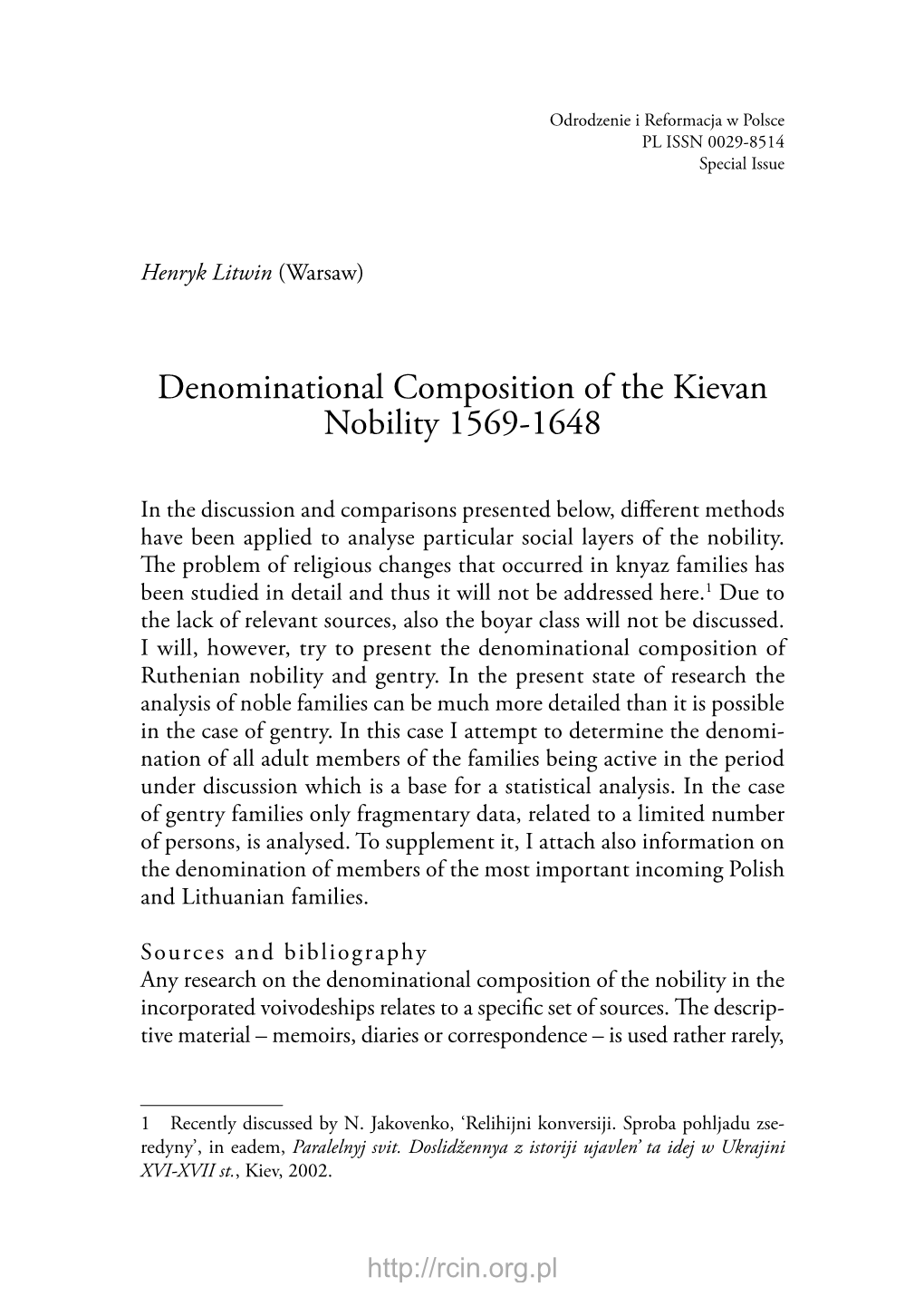 Denominational Composition of the Kievan Nobility 1569‑1648