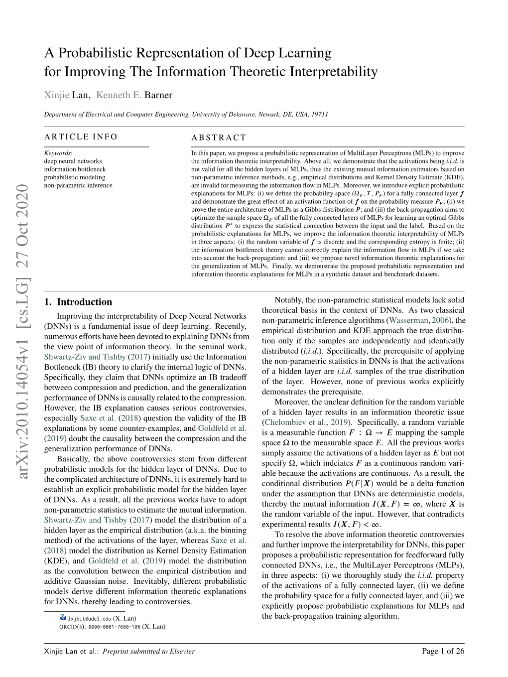 A Probabilistic Representation of Deep Learning for Improving the Information Theoretic Interpretability