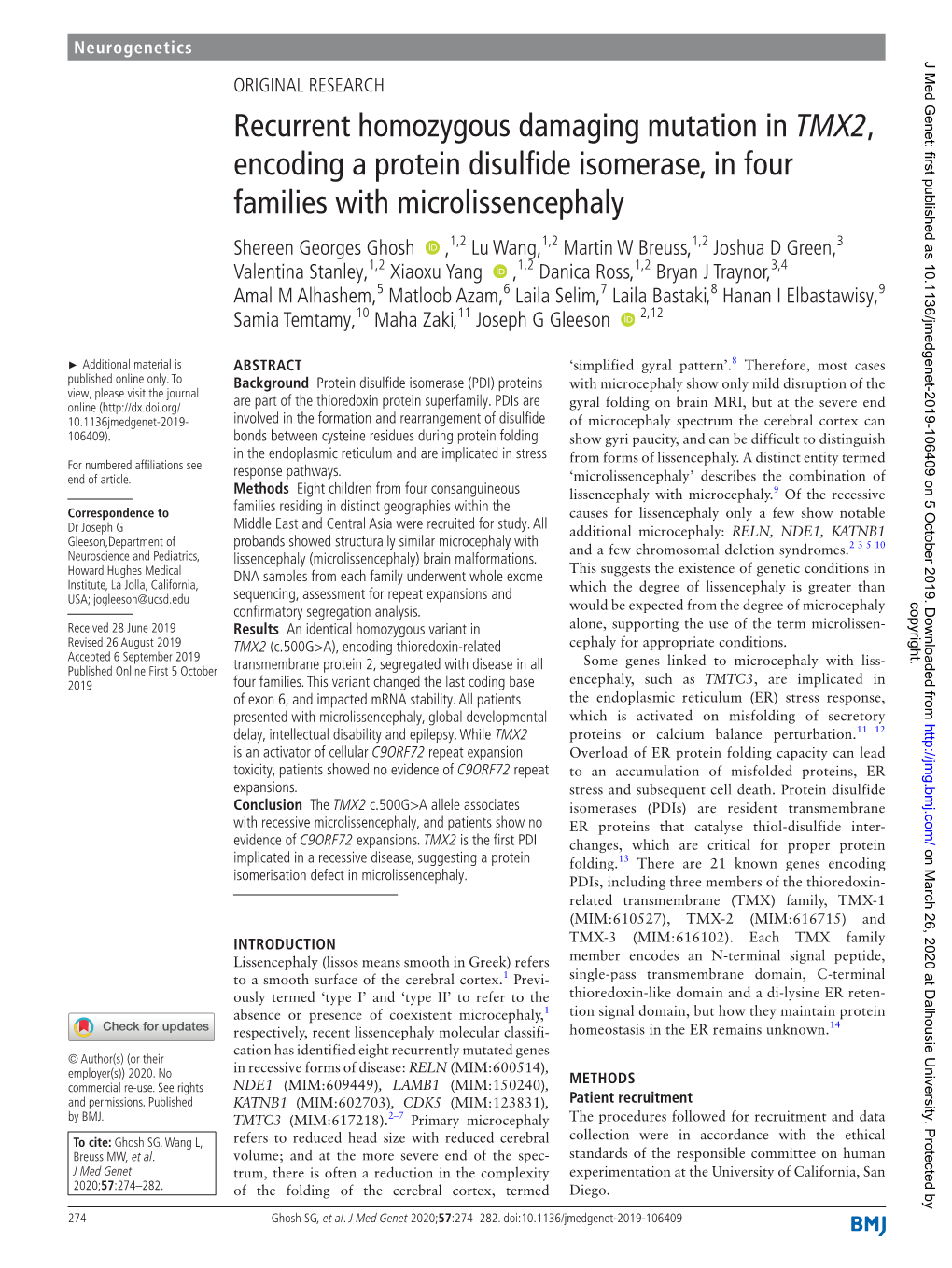 Recurrent Homozygous Damaging Mutation in TMX2, Encoding A