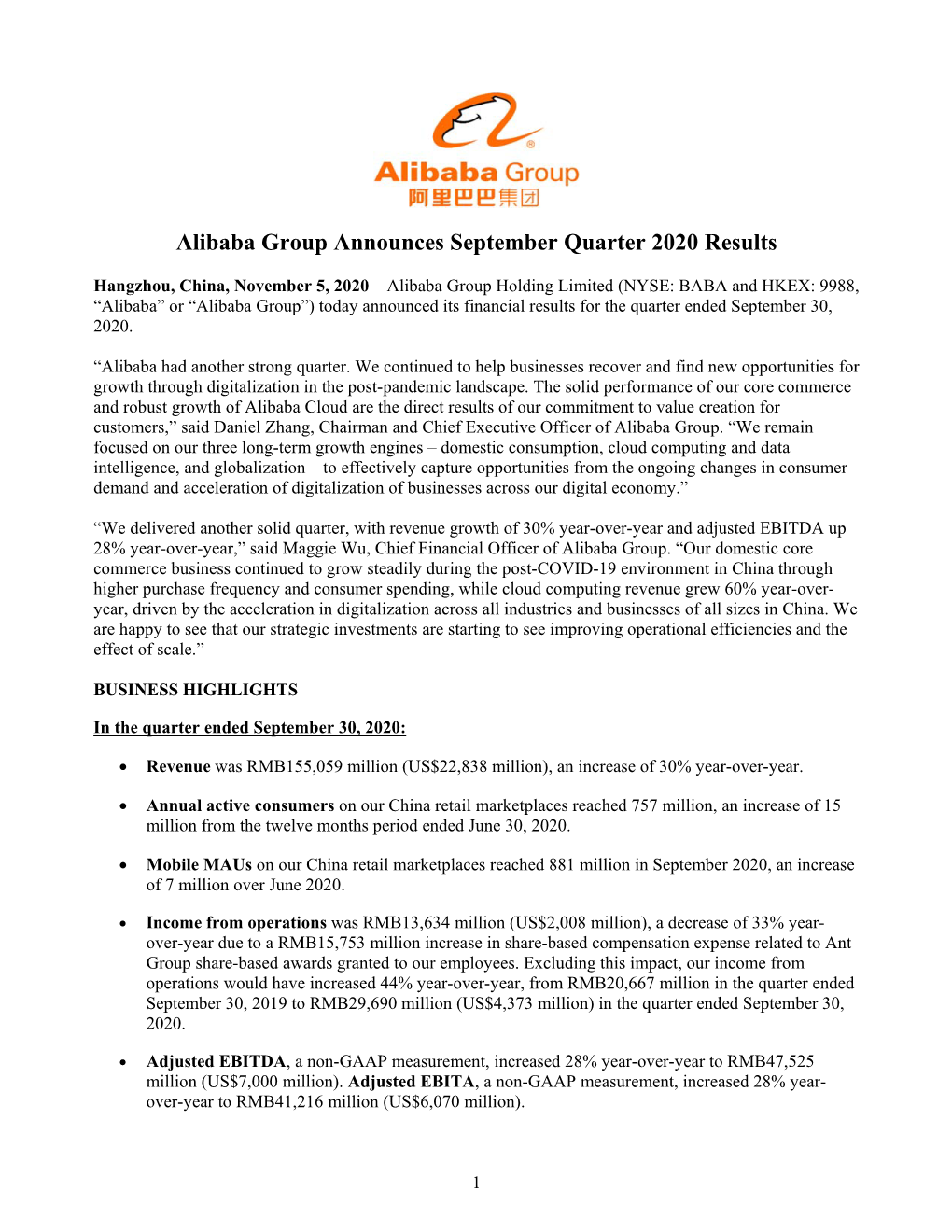 Alibaba Group Announces September Quarter 2020 Results