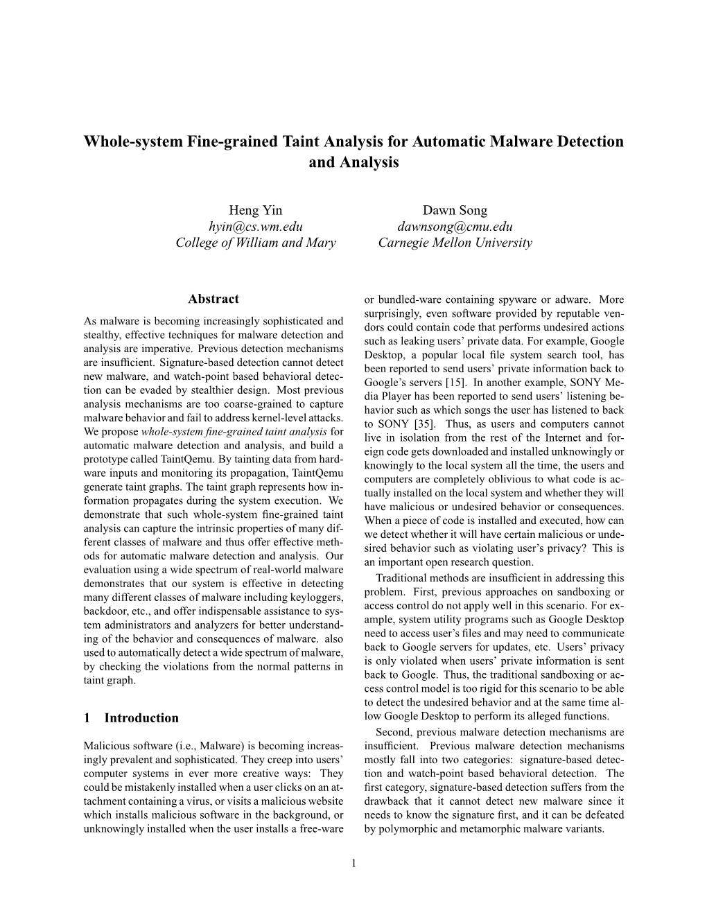 Taint Analysis for Automatic Malware Detection and Analysis