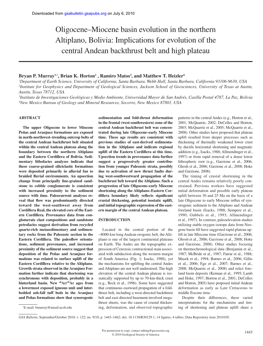 Oligocene–Miocene Basin Evolution in the Northern Altiplano, Bolivia: Implications for Evolution of the Central Andean Backthrust Belt and High Plateau