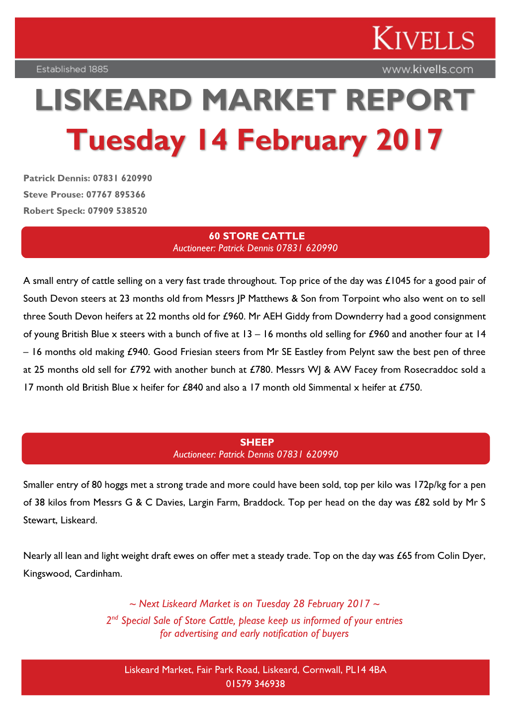 LISKEARD MARKET REPORT Tuesday 14 February 2017